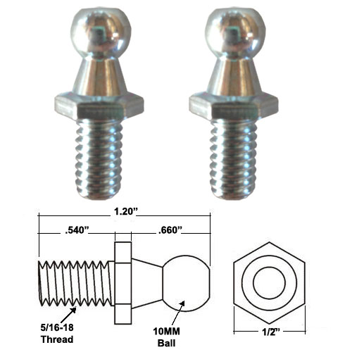 Gordon Glass&#174; 10mm Threaded Ball Studs with 5/16-18 threads for Gas Spring/Prop/Strut (2 Pack)