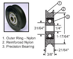 STB Sliding Glass Door Roller, Concave Nylon Wheel, 1-1/2" Diameter, 3/8" Wide