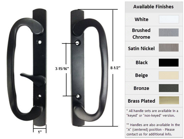 Sliding Glass Patio Door Handle Set, Mortise Type, Black, 3-15/16" Screw Holes