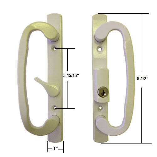 Sliding Glass Patio Door Handle Set, Mortise Type, Keyed, Beige, 3-15/16" Screw Holes