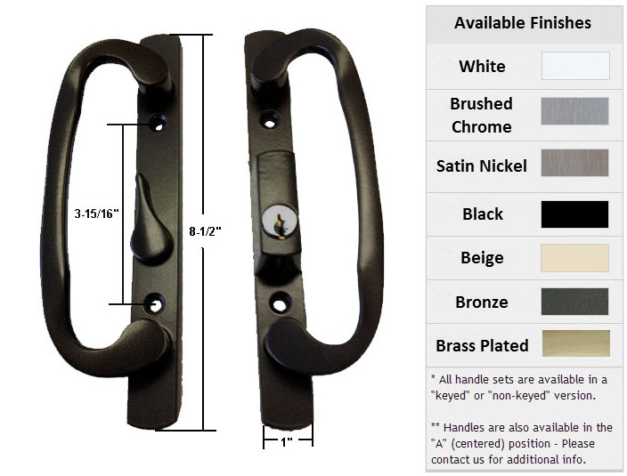 Sliding Glass Patio Door Handle Set, Mortise Type, Keyed, Black, 3-15/16" Screw Holes