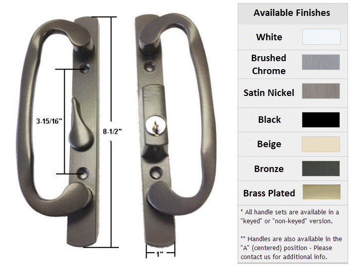 Sliding Glass Patio Door Handle Set, Mortise Type, Keyed, Bronze, 3-15/16" Screw Holes