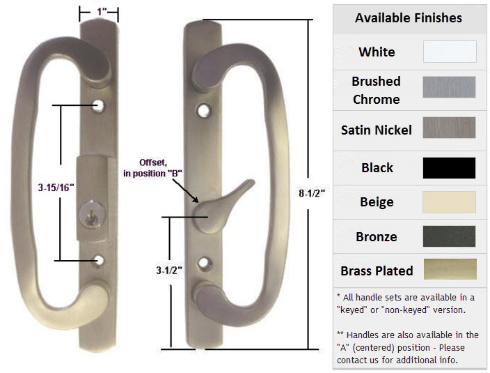 Sliding Glass Patio Door Handle Set, Mortise Type, Keyed, Satin Nickel, 3-15/16" Screw Holes