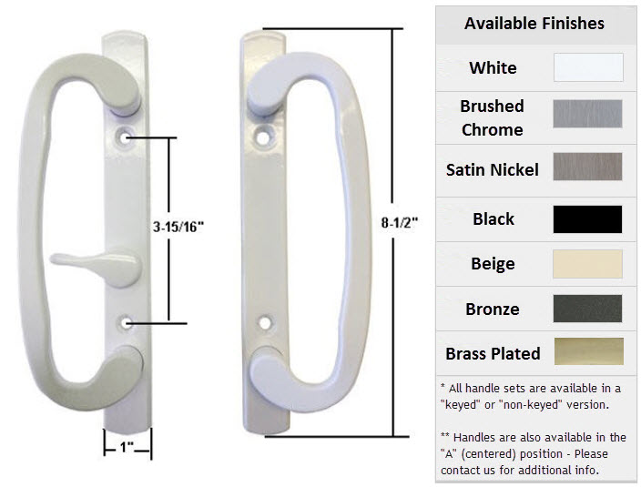 Sliding Glass Patio Door Handle Set, Mortise Type, White, 3-15/16" Screw Holes