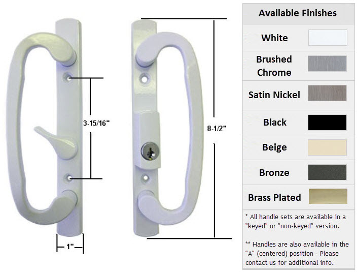 Sliding Glass Patio Door Handle Set, Mortise Type, Keyed, White, 3-15/16" Screw Holes