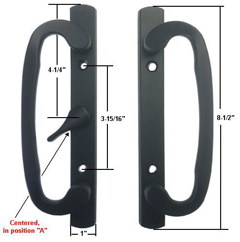 Sliding Glass Patio Door Handle Set, Mortise Type, A-Position, Non-Keyed, Black, 3-15/16" Screw Holes