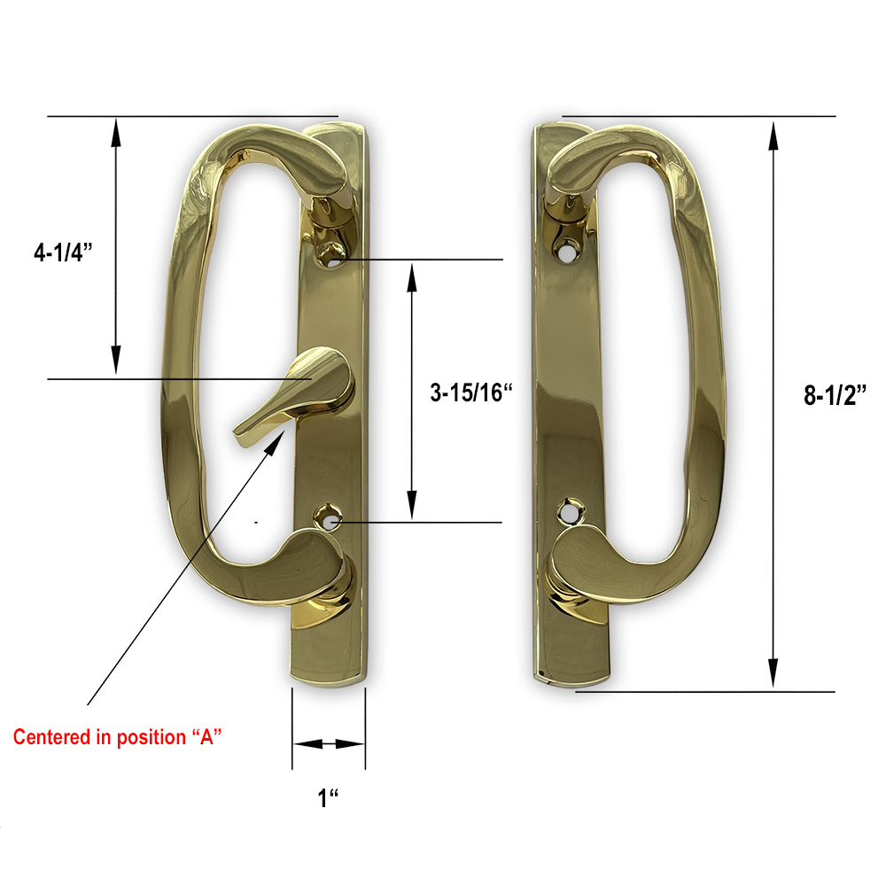 Sliding Glass Patio Door Handle Set, Mortise Type, A-Position, Brass Plated, 3-15/16" Screw Holes