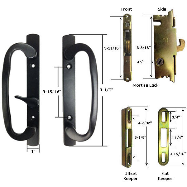 Sliding Glass Patio Door Handle Kit with Mortise Lock and Keepers, B-Position. Black, Non-Keyed
