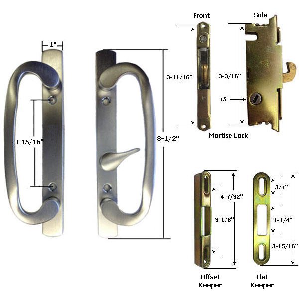 Sliding Glass Patio Door Handle Kit with Mortise Lock and Keepers, B-Position, Brushed Chrome, Non-Keyed