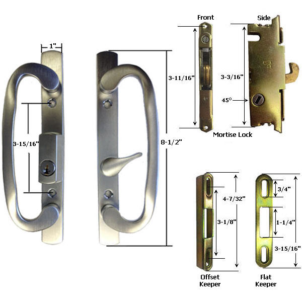 Sliding Glass Patio Door Handle Kit with Mortise Lock and Keepers, B-Position, Satin Nickel, Keyed