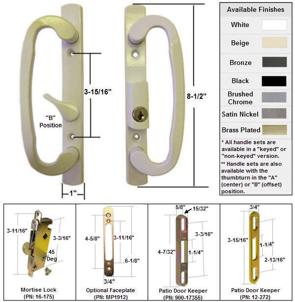 Sliding Glass Patio Door Handle Kit with Mortise Lock and Keepers, B-Position, Beige, Keyed