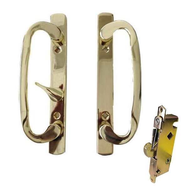 Sliding Glass Patio Door Handle Kit with Mortise Lock, B-Position, Brass Plated, Non-Keyed