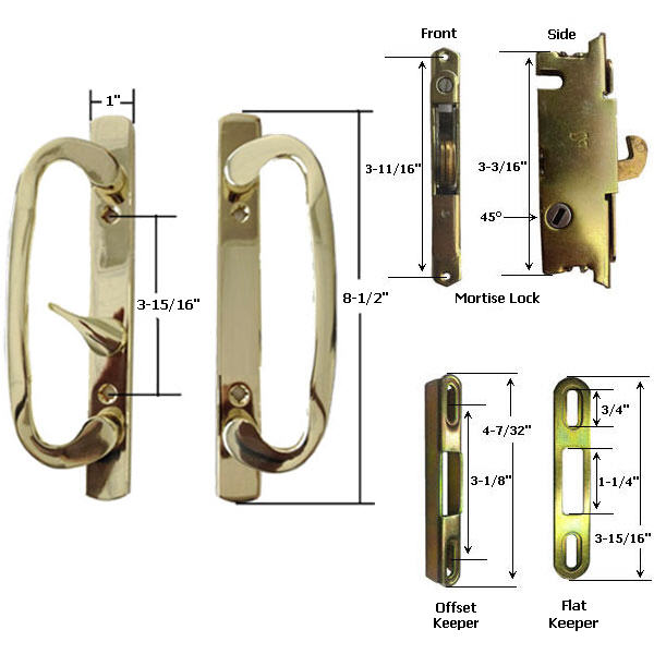 Sliding Glass Patio Door Handle Kit with Mortise Lock and Keepers, B-Position, Brass-Plated, Non-Keyed | SPECIAL ORDER