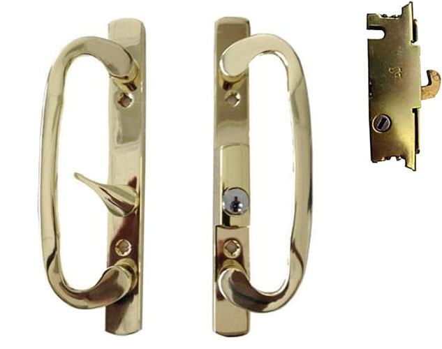 Sliding Glass Patio Door Handle Kit with Mortise Lock, B-Position, Brass Plated, Keyed