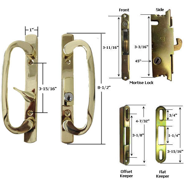 Sliding Glass Patio Door Handle Kit with Mortise Lock and Keepers, B-Position, Brass-Plated, Keyed  | SPECIAL ORDER
