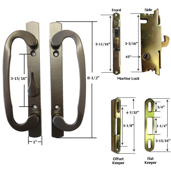 Sliding Glass Patio Door Handle Kit with Mortise Lock and Keepers, B-Position, Bronze, Non-Keyed