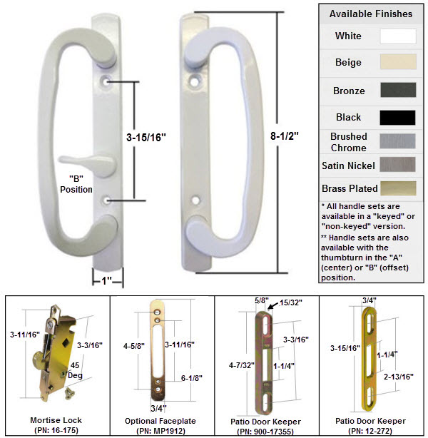 Sliding Glass Patio Door Handle Kit with Mortise Lock and Keepers, B-Position White, Non-Keyed