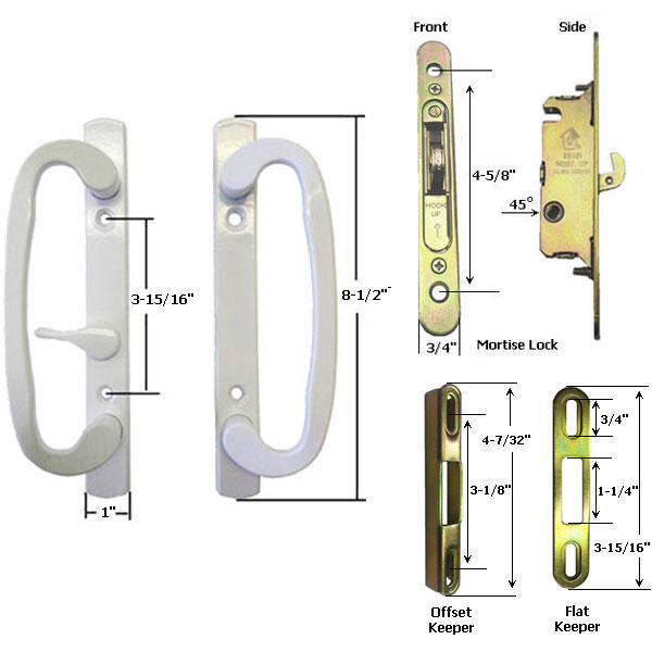 Sliding Glass Patio Door Handle Kit with Mortise Lock w/ Faceplate and Keepers, B-Position, White, Non-Keyed