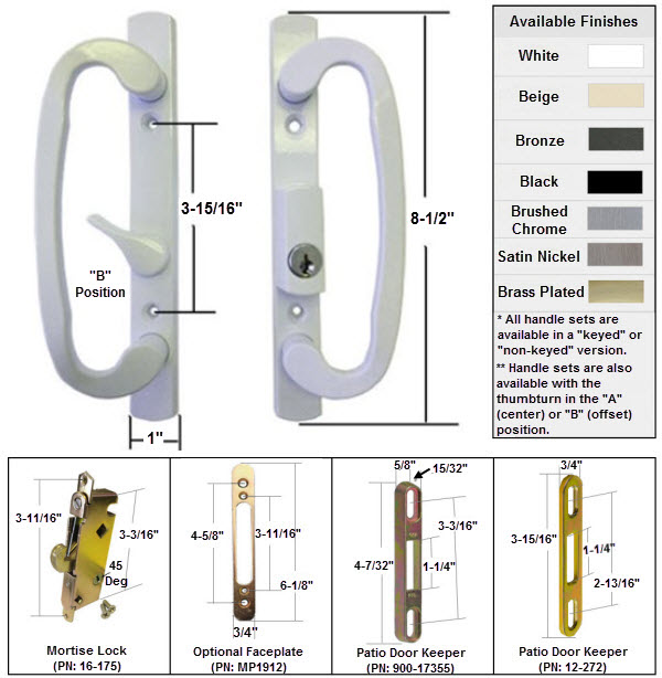 Sliding Glass Patio Door Handle Kit with Mortise Lock and Keepers, B-Position, White, Keyed