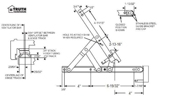 STB 4-Bar Hinge, 12", With Stop, No Shim, .218 Track Width, Aluminum