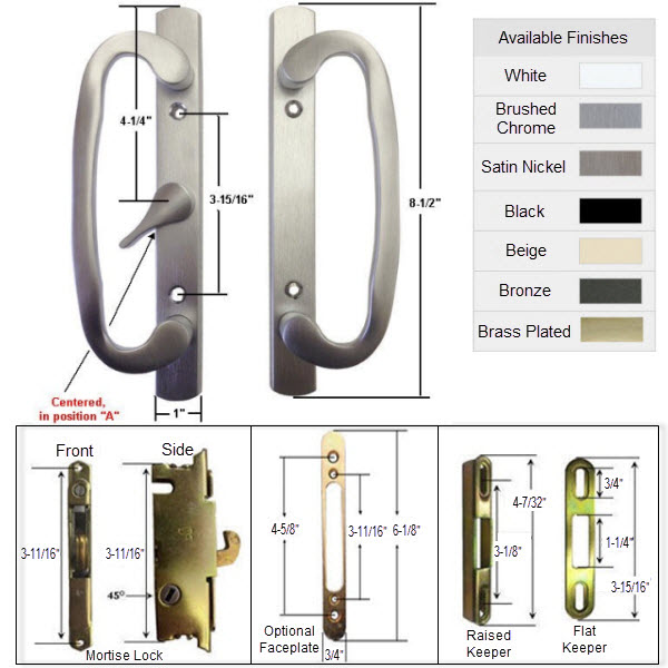 Sliding Glass Patio Door Handle Kit with Mortise Lock and Keepers, A-Position, Brushed Chrome, Non-Keyed
