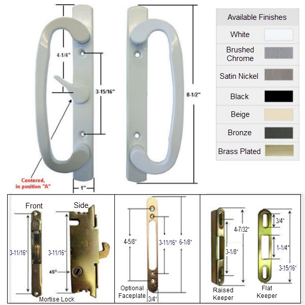 Sliding Glass Patio Door Handle Kit with Mortise Lock and Keepers, A-Position, White, Non-Keyed