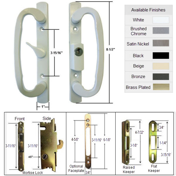 Sliding Glass Patio Door Handle Kit with Mortise Lock and Keepers, A-Position, White, Keyed