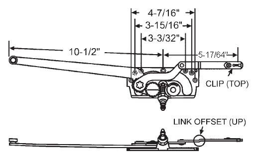 STB Casement Window Operator, Left Hand, Mechanism Only, 10-1/2" & 5-17/64" Arms, Link Offset Up, Clip on Top