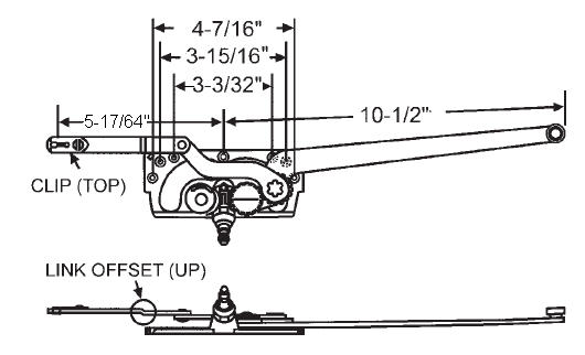 STB Casement Window Operator, Right Hand, Mechanism Only, 10-1/2" & 5-17/64" Arms, Link Offset Up, Clip on Top