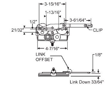 STB Casement Window Operator, Left Hand, Mechanism Only, Dyad, Link Offset Down, Clip on Top