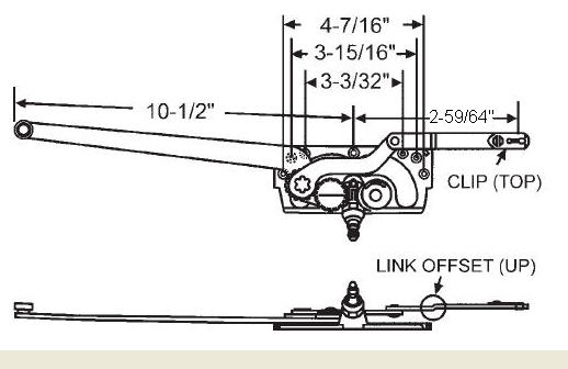 STB Casement Window Operator, Left Hand, Mechanism Only, 10-1/2" & 2-59/64" Arms, Link Offset Up, Clip on Top