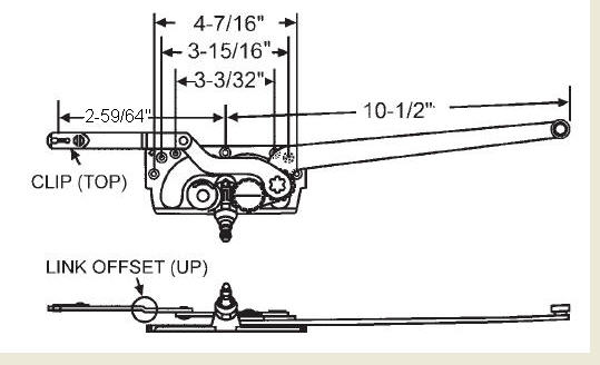 STB Casement Window Operator, Right Hand, Mechanism Only, 10-1/2" & 2-59/64" Arms, Link Offset Up, Clip on Top