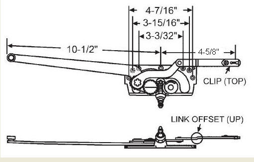 STB Casement Window Operator, Left Hand, Mechanism Only, 10-1/2" & 4-5/8" Arms, Link Offset Up, Clip on Top