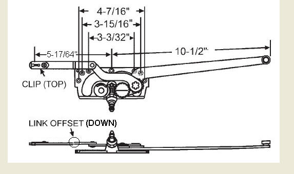 STB Casement Window Operator, Right Hand, Mechanism Only, 10-1/2" & 5-17/64" Arms, Link Offset Down, Clip on Top