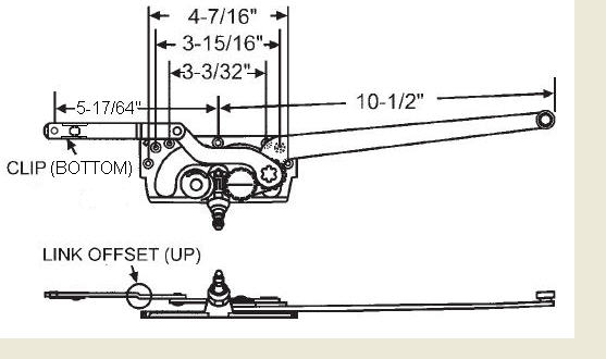 STB Casement Window Operator, Right Hand, Mechanism Only, 10-1/2" & 5-17/64" Arms, Link Offset Up, Clip on Bottom