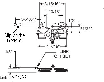 STB Casement Window Operator, Right Hand, Mechanism Only, Dyad, Link Offset Up, Clip on Bottom