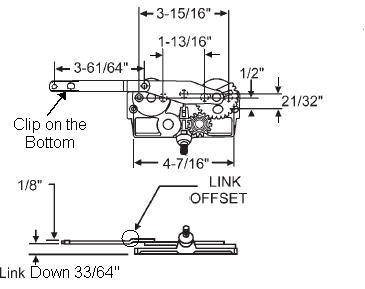 STB Casement Window Operator, Right Hand, Mechanism Only, Dyad, Link Offset Down, Clip on Bottom