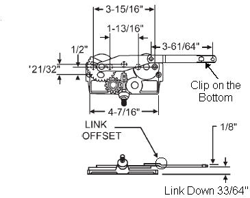 STB Casement Window Operator, Left Hand, Mechanism Only, Dyad, Link Offset Down, Clip on Bottom