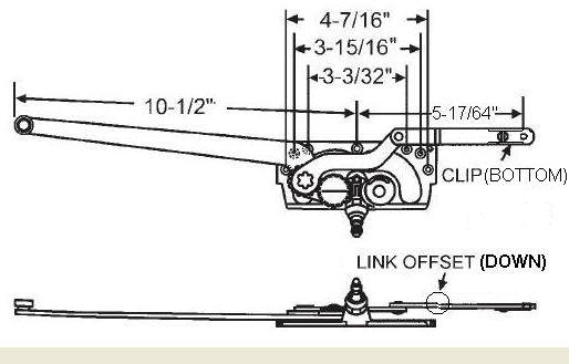 STB Casement Window Operator, Left Hand, Mechanism Only, 10-1/2" & 5-17/64" Arms, Link Offset Down, Clip on Bottom