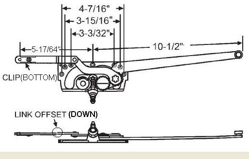 STB Casement Window Operator, Right Hand, Mechanism Only, 10-1/2" & 5-17/64" Arms, Link Offset Down, Clip on Bottom