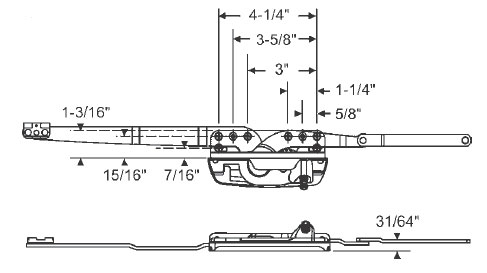 STB Casement Window Operator, Right Hand, Sill Mounted, Low Profile, Dual Arm, One Arm Split, Encore, 39/64" Offset