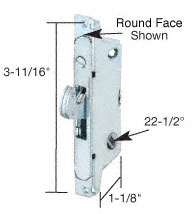 Mortise Lock for Sliding Glass Patio Doors by Adams Rite, Round End Face Plate, 3-11/16" Screw Holes, 22-1/2° Keyway