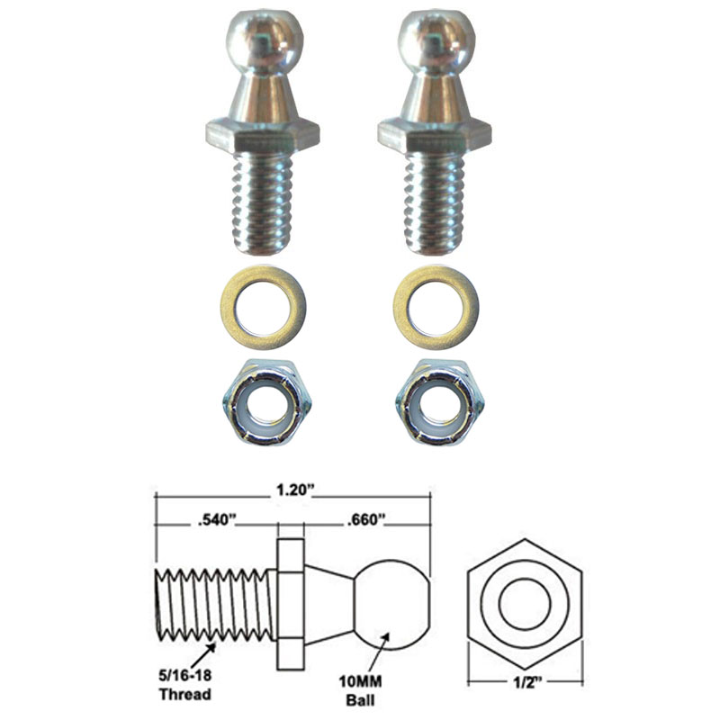 Gordon Glass&#174; 10mm Ball Studs with Hardware - 5/16-18 Thread x 1/2" Long Shank for Gas Springs, Gas Props and Struts - Pack of 2