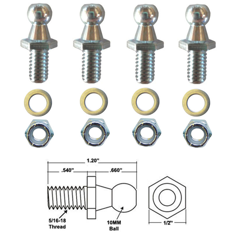 Gordon Glass&#174; 10mm Ball Studs with Hardware - 5/16-18 Thread x 1/2" Long Shank for Gas Springs, Gas Props and Struts - Pack of 4