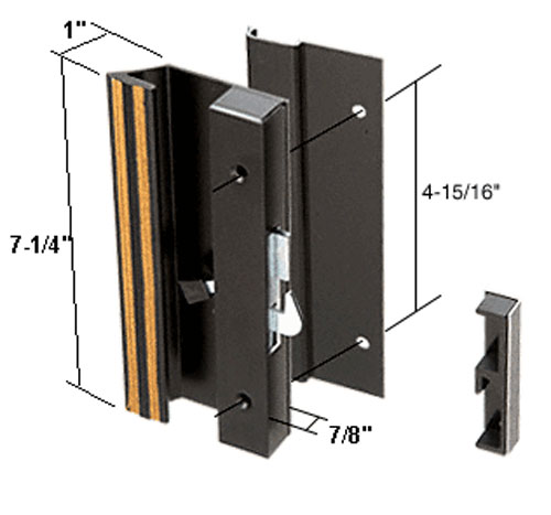 Sliding Glass Patio Door Handle Set, Hook Style, Surface Mount, 1" Low Handle Profile, 4-15/16" Screw Holes, Black