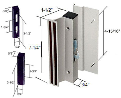Sliding Glass Patio Door Handle, Hook Style, Surface Mount, 1-1/2" Standard Handle Profile, 4-15/16" Screw Holes, Aluminum