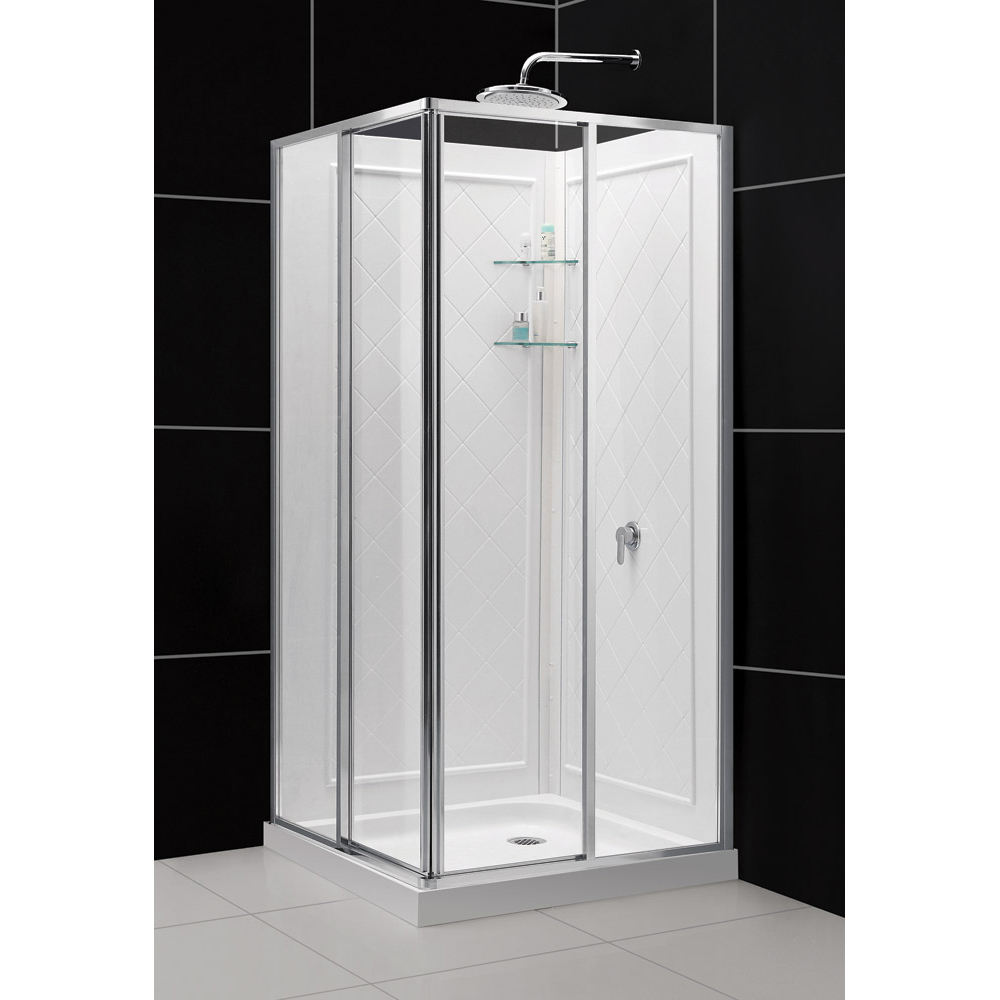 DreamLine DL-6150-01 Cornerview Framed Sliding Shower Enclosure, 36 x 36 Double Threshold Shower Base and QWALL-4 Shower Backwalls Kit