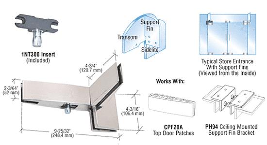 CRL Polished Stainless Finish Curved Left Hand Sidelite Transom Patch with Support Fin Bracket and INT300 Insert