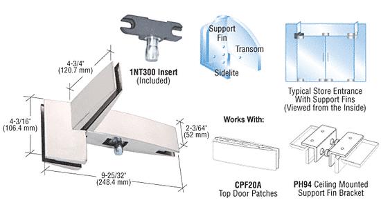 CRL Polished Stainless Finish Curved Right Hand Sidelite Transom Patch with Support Fin Bracket and INT300 Insert