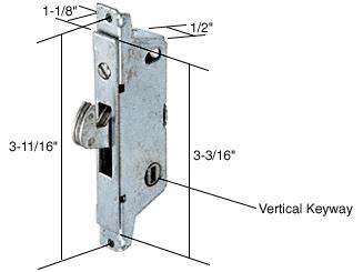 Mortise Lock for Sliding Glass Patio Doors by Adams Rite, Square End Face Plate, 3-11/16" Screw Holes, Vertical Keyway